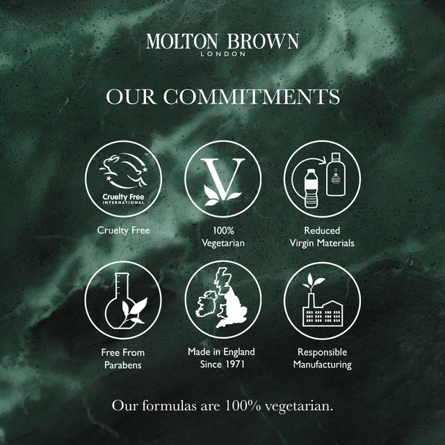 Our Commitments - cruelty free, 100% vegetarian, reduced virgin materials, free from parabens, made in England Since 1971, Responsible manufacturing