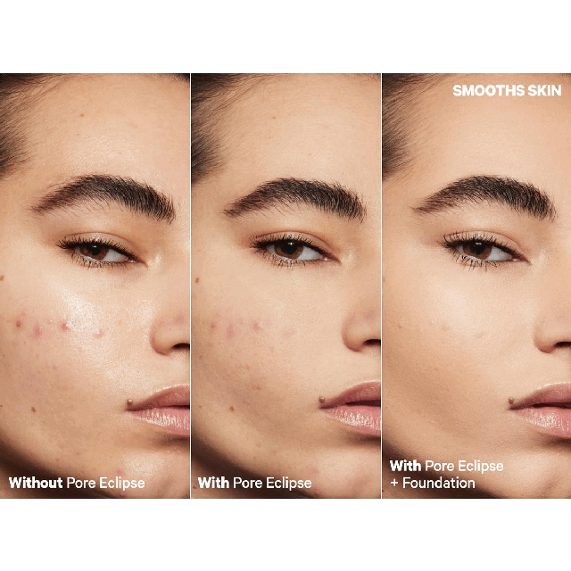 Image 1-3 before, with primer, with primer and foundation. Image 4, hydro grip vs pore eclipse