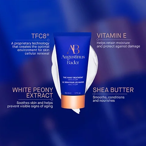 Image 3 - Image of a blue tube of hand cream labeled THE HAND TREATMENT WITH TFC8® and surrounded by text describing its ingredients, including TFC8®, Vitamin E, White Peony Extract, and Shea Butter, with corresponding benefits for skin renewal and nourishment.