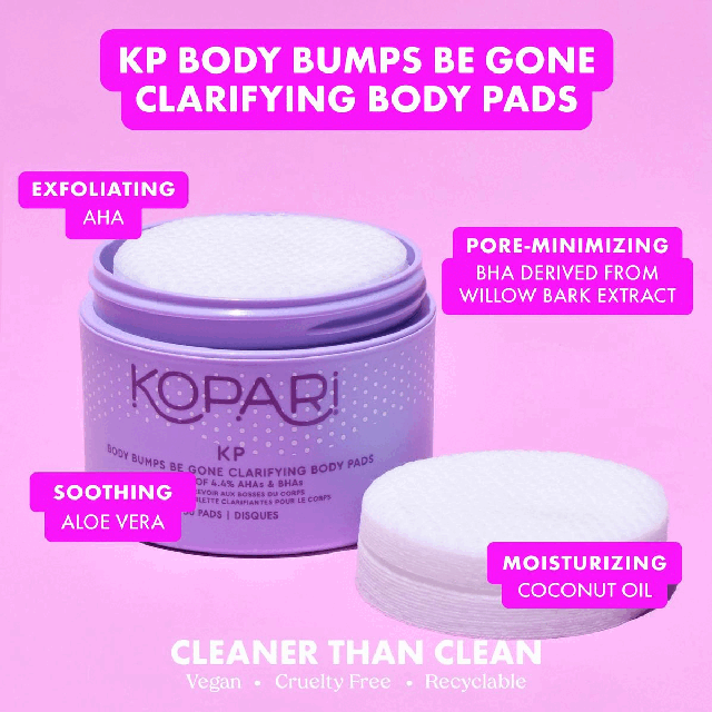 Image 1, KP Body bumps be gone Clarifying Body Pads. Image 2, Consumer results