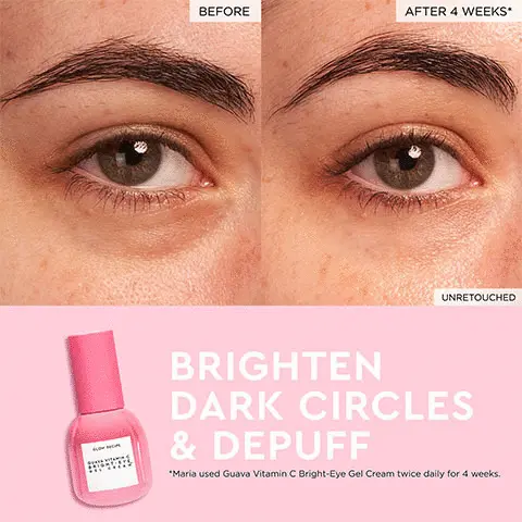 Image 1- Before and After 4 weeks, unretouched, brighten dark circles and depuff, Maria used Guava Vitamin C Bright Eye Gel Cream twice daily for 4 weeks Image 2- Text: Eye, Face. Arrows point to products specific to area of use.