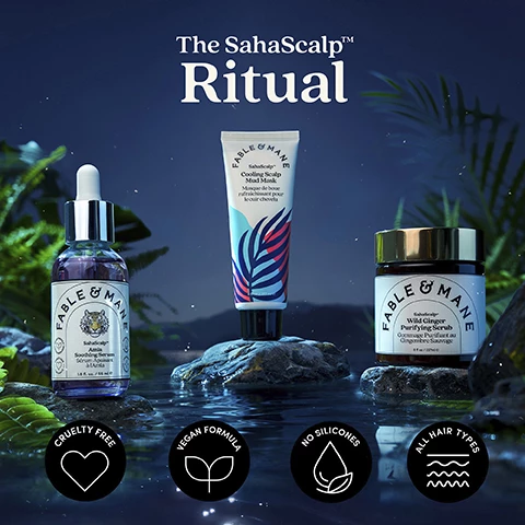 Image 1, the saha scalp ritual. cruelty free, vegan formula, no silicones, all hair types. image 2, saha scalp cooling scalp mud mask before and after