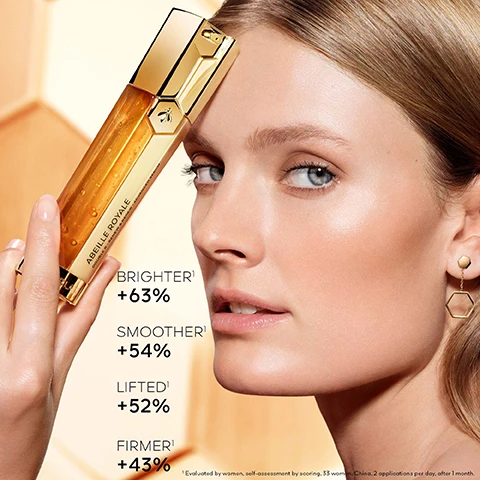image 1, +63% brighter, +54% smoother, +52% lifted, +43% firmer. evaluated by women, self assessment by scoring, 33 women, china 2 applications per day after 1 month. image 2, tensing polyfermented honeys. radiance restoring white honeys. image 3, lifting effect repair formula. radiance activating renew formula. image 4, abeille royale youth ritual. image 5, 10 years of research to reveal the repairing power of exceptional honeys for the skin. image 5, over 90% natural origin ingrediens. up to 40% recycled glss. guerlain for bees conservation programme = more than 1- partnerships dedicated to bee preservation.