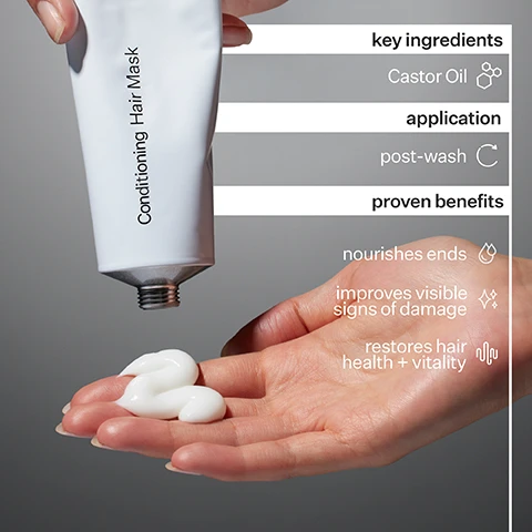 Image 1 - A hand holding a small amount of white conditioning hair mask with a tube dispenser above, featuring sections that describe the products key ingredients, application, and proven benefits including nourishes ends, improves visible signs of damage, and restores hair health + vitality.
Image 2 - A side-by-side comparison of hair, showing the frizzy and unkempt appearance on the left labeled Before and the smooth and healthy look on the right labeled After, with circular insets highlighting the texture difference in each image.
Image 3 - A side-by-side comparison of hair, with the left side showing wavy, unstyled hair labeled Before and the right side showing straight, smooth hair labeled After.
Image 4 - Image shows two side-by-side photos highlighting a hair transformation: the left side displays wavy, unstyled dark hair labeled Before, while the right side shows sleek, straight dark hair labeled After.
Image 5 - A side-by-side comparison of hair, with the left showing frizzy, unstyled blonde hair labeled Before and the right displaying smooth, straight blonde hair labeled After.
Image 6 - Image shows two hair care products side by side: a brown bottle labeled Act+Acre Cold Processed Hair Conditioner on the left, which is best for fine to medium hair, oily hair, and provides moderate hydration; and a white tube labeled Act+Acre Conditioning Hair Mask on the right, which is best for medium to coarse hair, dry or damaged hair, and provides maximum hydration.
Image 7 - Image shows a gray background with text detailing the ingredients and production information for a Conditioning Hair Mask, including descriptions of castor oil, glycerin, and shea butter, along with notes on ethical labor and packaging materials.