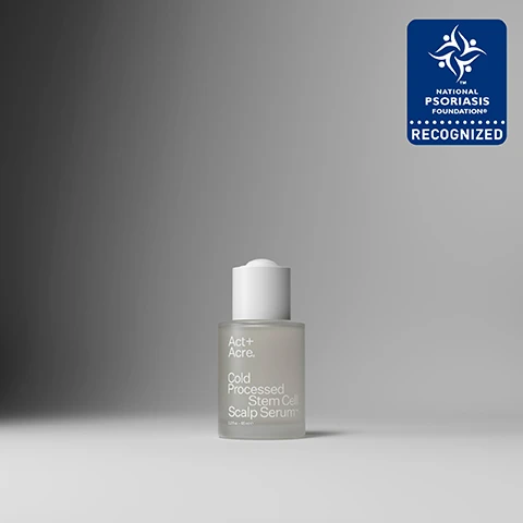 Image 1 - A glass bottle with a white cap labeled Act+ Acre Cold Processed Stem Cell Scalp Serum is placed against a gradient gray background, featuring a blue logo in the top right corner that reads National Psoriasis Foundation Recognized.
Image 2 - Image shows a side-by-side comparison of a womans hairline before and after 12 weeks of use, with the left side labeled Before and the right side labeled After 12 weeks of use.
Image 3 - Image showing four circular graphics with percentages and a header, stating that 91% agree scalp felt nourished, 89% agree scalp and hair looked healthier, and 89% agree scalp and hair felt healthier, with the text Proven Results and a description below it.
Image 4 - Image showing the back of a person with curly hair, with the left side labeled Before and showing frizzy hair, and the right side labeled After 6 months of use, showing smoother, more defined curls.
Image 5 - Image of a product label detailing the ingredients of a Stem Cell Serum including H2-Grow Complex, Bamboo and Pea Sprout Blend, and Hyaluronic Acid, with sections on production and packaging that mention ethical labor, manufacturing method, recyclability, and materials used.
Image 6 - An image shows a droplet of product on a fingertip with a gray background and text outlining expectations for hair treatment: What To Expect, day 30 scalp will feel hydrated + balanced, day 60 appearance of fallout visibly reduced, day 90 hair will feel thicker + fuller.
Image 7 - An image of a bottle of Act+Acre Cold Processed Stem Serum with a graphic showing a bar chart indicating 97% nutrients retained with Cold Processed® and 10% nutrients retained with heat processing, alongside the text that states Cold Processing preserves active ingredients, heat destroys them.
Image 8 - An elegant bottle of Act+Acre Cold Processed Stem Cell Serum is placed on a green leaf with visible text that reads H2-Grow Complex powered by a potent blend of plant stem cells strengthening hydrating balancing.
Image 9 - Image showing a comparison of hair growth before and after using a product, with Before on the left and After 12 weeks of use on the right.
Image 10 - A woman with wet dark hair is applying a dropper to her scalp, with text on the side highlighting key ingredients like H2-Grow Complex™, the application method post-shower, and proven benefits such as promoting thicker hair and increasing scalp hydration.