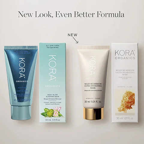 Image 1 - A display of KORA Organics skincare products, featuring two tubes and one box, with the text above reading New Look, Even Better Formula and the word NEW pointing to one product.