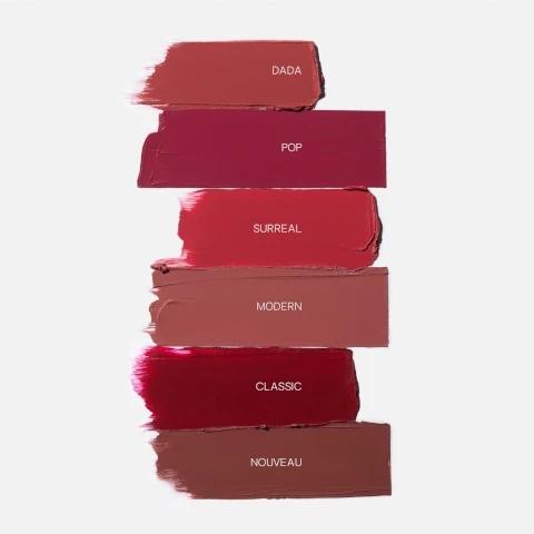 Image 1, swatches of the product, dada, pop, surreal, modern, classic, nouveau. Image 2, lip blur - lipstick to live in. hydrating and plumping hyaluronic acid, nourishing and moisturizing olive oil. blurring berry fruit wax