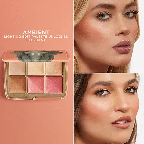 Image 1, ambient lightening palette unlocked elephant. Image 2, shade names - dim light finishing powder, soft light finishing powder, beaming strobe light strobe powder, lustrous bronze light bronzer, iridescent coral blush, radiant rose blush