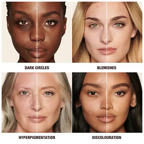 Image 1, Dark circles, blemishes, hyperpigmentation and discolouration. Image 2, Arm model swatch. Image 3, Pointed tip. Rounded side. Sponge wand.