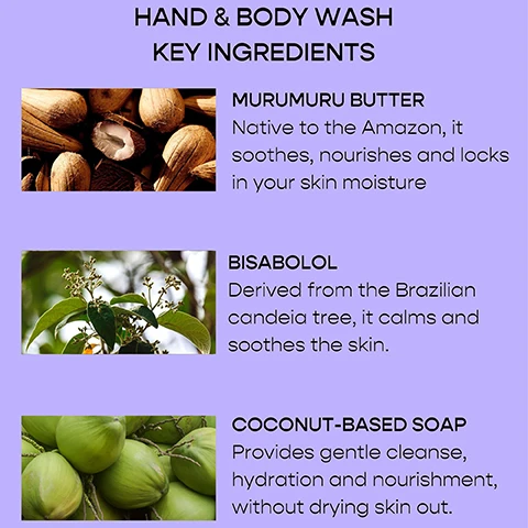 Image 1 - Image of three key ingredients for a hand and body wash, including murumuru butter with an image of seeds, bisabolol with a photo of leaves, and coconut-based soap with green coconuts, along with their descriptions: Murumuru butter - Native to the Amazon, it soothes, nourishes, and locks in your skin moisture; Bisabolol - Derived from the Brazilian candeia tree, it calms and soothes the skin; Coconut-based soap - Provides gentle cleanse, hydration, and nourishment without drying skin out.
Image 2 - Image features a green background with three segments displaying different fragrances: a close-up of sandalwood shavings labeled Sandalwood with a description of its scent, a photo of grapefruit on a tree labeled Grapefruit with a description of its aroma, and a collage of dried leaves and flowers labeled Upcycled Flowers with a description of their eco-friendly repurposing process.