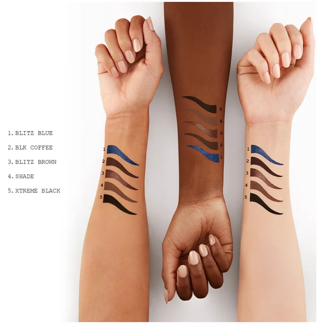 Image showing swatches of the shades across three different skin tones: Blitz Blue, BLK Coffee, Blitz Brown, Shade, Xtreme Black