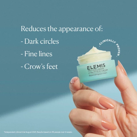 Image 1, reduces the appearance of dark circles, fine lines and crow's feet. clinically proven, independent clinical trial august 2021. results based on 35 people over 4 weeks. Image 2, ultra lightweight, non-greasy, layers well under makeup.