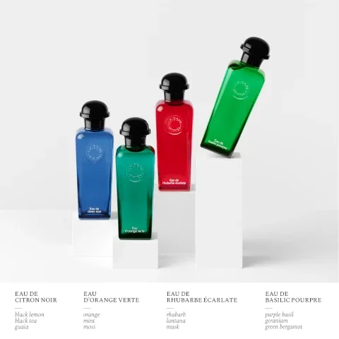 eau de citron noir, black lemon, black tea and guaia. eau d'orange verte, orange, mint and moss. eau de rhubarbe eclarlate, rhubarb,   lantana and musk. eau de basilic pourpre, purple basil, geranium and green bergamot