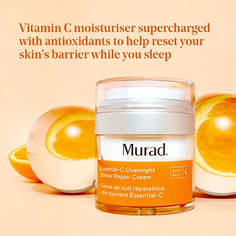 image 1, vitamin c moisturiser supercharged with antioxidants to help reset your skin's barrier while you sleep. image 2, THD ascorbate a highly stable absorbent and potent form of antioxidant, vitamin c that brightens to help fight dullness and defend against daily aggressors. marrubium extract = potent antioxidant helps neutralise daily damage caused by invisible and visible pollution. sunflower, barley and cucumber extracts botanical blend that nourishes skin's moisture barrier to reverse pollution related dehydration and restore youthful texture. image 3, bright skin days, every night. a boost of barrier strengthening radiance for all skin types and tones. 1 = cleanse with essential c cleanser, rinse and pat dry. 2 = massage vita-c glycolic serum to face, neck and chest. 3 = massage essential-c overnight barrier repair cream over face, neck and chest.