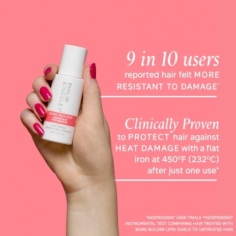 9 out of 10 agreed hair felt more resistant to damage. clinically proven to protect hair against heat damage with a flat iron at 450F (232 degrees) after just one use *independent user trial results after one use. instrumental test comparing hair treated with bond builder lipid shield to untreated hair. Image 2, hair felt repaired, hair was visibly less damaged, hair felt stronger and less brittle. *87% agreed after four washes, independent user trials. **84% agreed after four washes, independent user trials.
