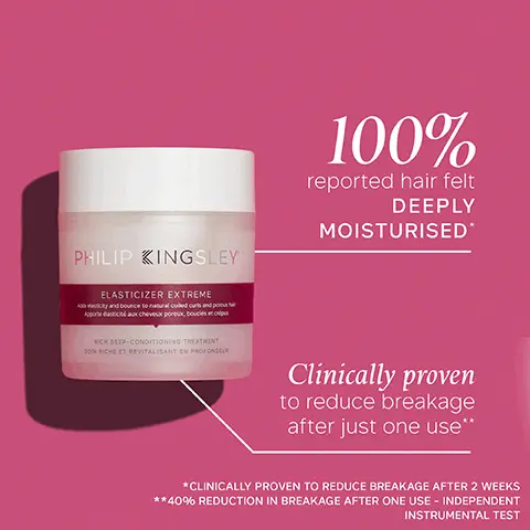 Image 1, 100% reported hair felt deeply moisturised, clinically proven to reduce breakage after just one use. *clinically proven to reduce breakage after 2 weeks, **40% reduction in breakage after one use - independent instrumental test. Image 2, after first use, 9 out of 10 agreed hair felt nourished. *independent user trial results after one use