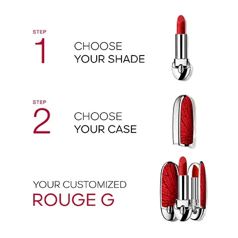 Step 1, Choose your shade. Step 2, Choose your case. Your customised Rouge G. Image shows lipstick with case.