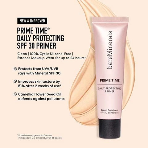 Image 1, new and improved prime time daily protecting SPF 30 primer. clean 100% cyclic silicone free, extends makeup wear for up to 24 hours. protects from UVA/UVB rays with mineral SPF 30. improves skin texture by 51% after 2 weeks of use. camellia flower seed oil defends against pollutants. *based on average results from an independent US clinical study of 36 people. Image 2, pick your perfect prime time primer. have oily skin? mattify with original pore minimizing primer. have dry skin? moisturize and brighten with hydrate and glow primer. have sensitive skin? calm and color correct with redness reducung primer. want protected skin? defend with daily protecting mineral SPF 30 primer.