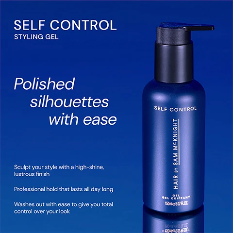 Image 1 - A blue bottle of styling gel with a pump top labeled SELF CONTROL STYLING GEL, featuring text that reads Polished silhouettes with ease, Sculpt your style with a high-shine, lustrous finish, Professional hold that lasts all day long, and Washes out with ease to give you total control over your style.
Image 2 - A dark blue pump bottle of Self Control Gel with visible text including five-star ratings and three customer reviews about the products effectiveness and scent.