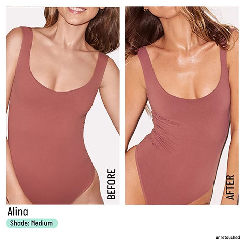 alina wears shade medium, unretouched before and after. Image 2, hydrating. firming, brightening