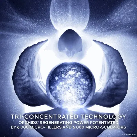 Image 1, Tri Concentrated technology orchid's regenerating power potentiated by 6,000 micro fillers and 6,000 micro sculptors. Image 2, Regenerates firms and sculpts, tridimensional youth index +32%