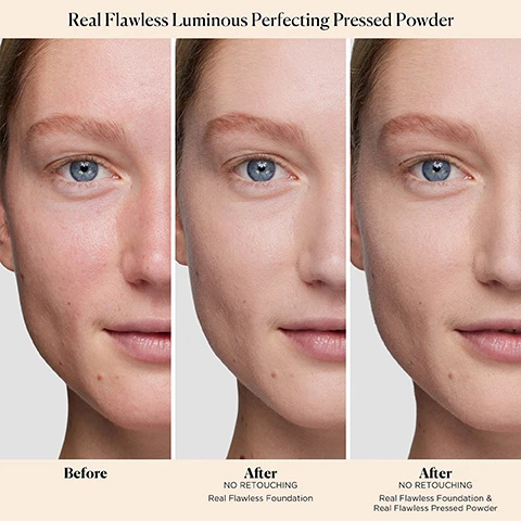 Image 1, 2, 3 and 4, real flawless luminous perfecting pressed powder, before, after no retouching, real flawless foundation, after no retouching real flawless foundation and real flawless pressed powder. Image 5, chamomile extract and rose oil, promise comfortable wear. Image 6, which shade is right for you? real flawless luminous perfecting pressed powder. translucent, honey, medium and deep. Image 7, creates the look of perfected luminous skin. perfecting color technology, auto-balancing technolofy balances moisture while controlling shine. Image 8, set and perfect with laura mercier. translucent loose setting powder. what it does = sets makeup for all day wear. usage = press and roll powder onto face using our velour puff. finish = soft matte. coverage = light. benefits = extends makeup wear for up to 16 hours, controls shine for up to 24 hours. real flawless luminous perfecting powder, what it does = adds luminous dimension to makeup and skin. usage = sweeps all over the face with a powder brush or to the high points for added dimension. finish = luminous. coverage = light. benefits = instantly enlivens complexion and dullness, helps balance moisture and shine control immediately and overtime. pro-tip = for the benefits of both, use translucent loose setting powder where makeup breaks down the most and real flawless luminous perfecting powder across the high points of your face for added dimension.