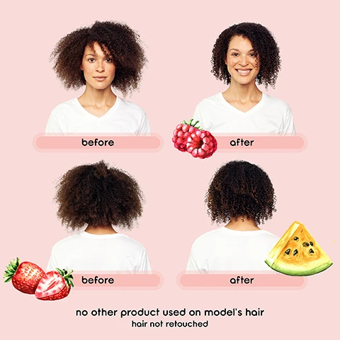 Image 1, before and after. no other product used on model's hair. hair not retouched. image 2, before and after. layered with baomint moisturising curl defining cream. hair not retouched. image 3, before and after. no other product used on model's hair. hair not retouched.