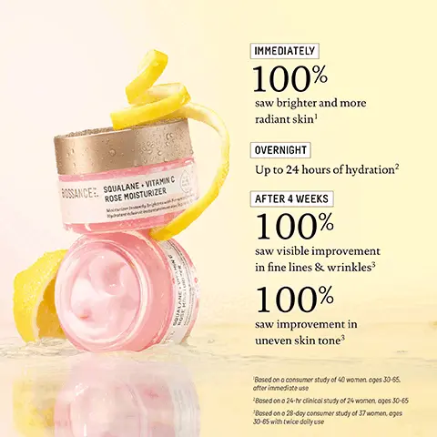 Image 1, immediately 100% saw brighter and more radiant skin, overnight up to 24 hours of hydration, after 4 weeks, saw visible improvements in fine lines and wrinkles and 100% saw improvements in uneven skin tone. Image 2, before and after 7 days unretouched photos. Image 3, bright skin routine, step 1: treat marine algae eye cream, step 2: brighten vitamin C dark spot serum, step 3: moisturise vitamin c rose moisturiser, step 4: lock in hydration vitamin c rose oil. Image 4, before and after 28 days unretouched photos. Image 5, step 1 apply moisturiser, step 2, apply oil for maximum benefits and to seal in hydration  and results: brighter and visibly firmer skin