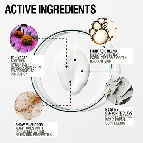 Image 1, active ingredients. echinacea = soothes, hydrates and defends skin from enivornmental pollution. fruit acid blend = five AHAs gently exfoliate for smooth, radiant skin. snow mushroom = adaptogen with incredible water retention properties. kaolin and bentonite clays = purify and cleanse for a fresh complexion. image 2, 97% agreed skin feels soft. 92% agreed it helps rebalance and calm sensitised skin. 91% agreed skin feels purified. independent user trial 2022. results based on 106 over 4 weeks. image 3, customer review = honestly one of the best products i've ever used. my skin looks plump, clear and feels so smooth. image 4, how to use = apply to cleansed skin leave on for 15 minutes then remove with lukewarm water, use 3 times per week. image 5, cream clay mask.