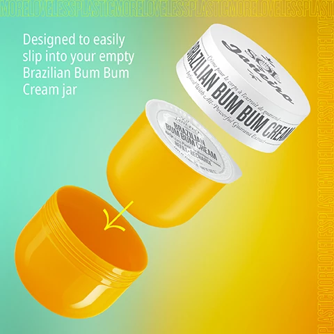 Image 1, designed to easily slip into your empty brazilian bum bum cream jar. Image 2, visibly tightens and smooths skin. Image 3, delicious notes of pistachio, salted caramel and vanilla. Image 4, vegan