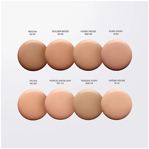 Image 1 - A grid of eight round makeup foundation shades displayed in two rows, with labels below each shade indicating their names and codes: Mocha W-50, Golden Beige W-30, Honey Beige NW-30, Pure Ivory N-20, Peche NC-20, Porcelain Blush NC-10, Tender Ivory NW-10, and Crème Peche N-10.
Image 2 - A circular swatch of a light beige foundation is centered on a white background, with the text offers coverage for a seamless finish with a refined texture above and below the swatch.
Image 3 - A close-up image of a golden liquid with bubbles on a round surface, accompanied by text stating EXCLUSIVE CELLULAR COMPLEX™ ENERGIZES AND BOOSTS SKINS NATURAL REPAIR PROCESS.
Image 4 - A serene mountain landscape reflected in still water at twilight, featuring the text La Prairie, A Swiss Luxury House, Crafting Ultimate Skincare.