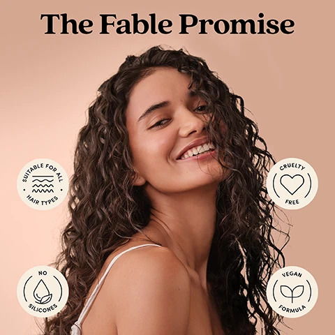 Image 1 - A smiling woman with long, dark curly hair is shown, with text that reads The Fable Promise, Suitable for all hair types, Cruelty free, No silicones, Vegan formula. Image 2 - A side-by-side comparison of red-brown curly hair, showing frizzy and undefined hair on the left labeled Before, and moisturized, defined curls on the right labeled After. Image 3 - A person with long, dark, curly hair, viewed from behind, holds a brown spray bottle with a white label featuring purple and blue leaf designs; visible text includes MIELLE & MANGO, Nutri-Shine Detangling Leave-in Conditioner on the bottle, and on the background, Detangles and conditions the strands, Strengthens and protects from heat up to 450°F, 48 hrs frizz protection, and for All Hair Types. Image 4 - The image shows a hand holding a Fable & Mane MahabhaMane™ Detangling Leave-In Conditioner spray bottle, with overlaying text reporting consumer test results: 97% said their hair was detangled, 93% agreed the product did not add weight to the hair, and 90% agreed hair looked hydrated, with a note In an independent consumer testing panel of 30 participants who used the products for 2 weeks. Image 5 - A Fable & Mane MahaMane Detangling Leave-in Conditioner spray bottle is centered, flanked by a bowl of amla berries with text Amla An antioxidant-rich berry that conditions and provides UV protection, a bowl of dried red hibiscus petals with text Red Hibiscus Rich in AHAs to restore natural radiance, and an aloe vera leaf with text Aloe Vera Deeply hydrates strands and locks in moisture. Image 6 - A hand sprays a fine mist from a Fable & Mane MahaMane Detangling Leave-in Conditioner bottle, with the text Weightless Hydration displayed prominently.