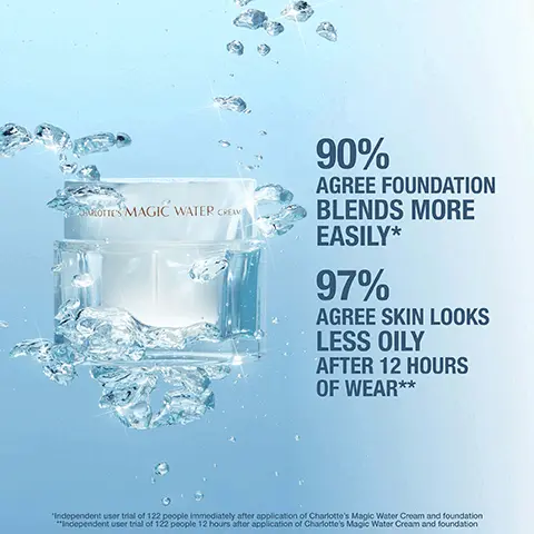 90% AGREE FOUNDATION BLENDS MORE EASILY, 97% AGREE SKIN LOOKS LESS OILY AFTER 12 HOURS WEAR, Independent user trial of 122 people immediately after application of Charlotte's Magic Water Cream and foundation, Independent user trial of 122 people 12 hours after application of Charlotte's Magic Water Cream and foundation. 92% AGREE FOUNDATION STAYS FLAWLESS ALL DAY, Independent user trial of 122 people 12 hours after application of Charlotte's Magic Water Cream and foundation. WITH CHARLOTTE'S MAGIC MOISTURISERS 93% AGREE MAKEUP LOOKS BETTER, 95% AGREE MAKEUP IS LESS PATCHY, Independent user trial of 122 people 12 hours after application of Charlotte's Magic Water Cream and foundation, Independent user trial on over 120 people 12 hours after application of Charlotte's Magic Cream and foundation. 1. STEP 1. PREP, CHARLOTTE'S MAGIC HYDRATION REVIVAL CLEANSER 2. STEP 2. TARGET, CHARLOTTE'S MAGIC SERUM CRYSTAL ELIXIR 3. STEP 3. MOISTURISE CHARLOTTE'S MAGIC WATER CREAM 4. STEP 4. APPLY MAKEUP, AIRBRUSH FLAWLESS FOUNDATION. 1. STEP 1. PREP, CHARLOTTE'S MAGIC HYDRATION REVIVAL CLEANSER 2. STEP 2. TARGET, CHARLOTTE'S MAGIC SERUM CRYSTAL ELIXIR 3. STEP 3. MOISTURISE CHARLOTTE'S MAGIC WATER CREAM 4. STEP 4. APPLY MAKEUP, CHARLOTTE'S BEAUTIFUL SKIN FOUNDATION. 30ML, 50ML, 15ML, 50ML REFILL.