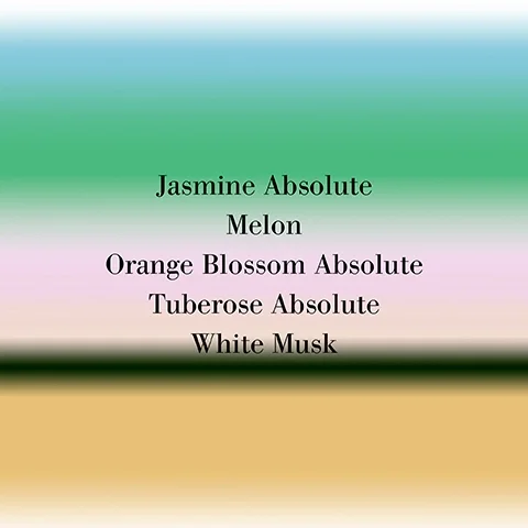 A blurred, colorful background features the text listing fragrances: Jasmine Absolute, Melon, Orange Blossom Absolute, Tuberos Absolute, White Musk.