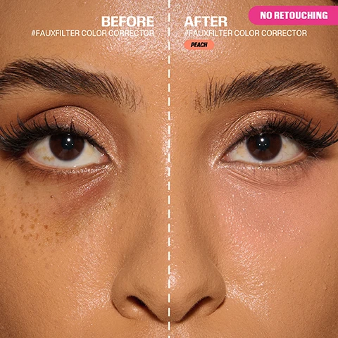 Image 1 - A persons face is split by a vertical dashed line, showing a before-and-after comparison of color corrector application; the left side shows dark circles and freckles under the eye, while the right side shows brighter, smoother skin with less visible freckles, and visible text reads BEFORE #FAUXFILTER COLOR CORRECTOR, AFTER #FAUXFILTER COLOR CORRECTOR PEACH, and NO RETOUCHING. Image 2 - A grid of four panels depicts before-and-after skin treatment results, showing a dark-skinned person with hyperpigmentation before and clearer skin after, an eye with dark circles before and diminished circles after, a face with blemishes labeled Post Treatment before and clear skin after, and a medium-skinned person with dark spots before and clearer skin after, with all visible text reading Hyperpigmentation, Dark Circles, Correct Your Concerns, Post Treatment, and Dark Spots. Image 3 - Close-up of a peachy-pink liquid cosmetic product on an applicator, with text reading NON-COMEDOGENIC, VITAMIN C TARGETS PIGMENTATION, NIACINAMIDE BRIGHTENS & EVENS, FRAGRANCE-FREE, and SAFE FOR SENSITIVE SKIN. Image 4 - A split image demonstrates an undereye makeup routine, with the top half showing a BEFORE section with dark undereye circles and an AFTER section with brightened skin, above a pink banner reading THE ULTIMATE UNDEREYE ROUTINE, followed by three steps of an undereye routine with visible products labeled #FAUXFILTER COLOUR CORRECTOR, #FAUXFILTER MATTE CONCEALER, and EASY BAKE LOOSE POWDER. Image 5 - A chart displaying eight distinct swatches of liquid cosmetic, categorized by skin undertone, with the text WHAT SHADE ARE YOU? COOL UNDERTONES Cherry Light light neutral-toned pink for fair skin tones Cherry Blossom cool-toned pink for light to medium skin tones Lychee rusty pink for tan to rich skin tones WARM UNDERTONES Peach Light light orange for fair skin tones Pink Pomelo light warm-toned pink for light to medium skin tones Peach light pinky/orange for light to medium skin tones Mango deep pink-orange for medium to tan skin tones Papaya deep orange for tan to rich skin tones. Image 6 - The image presents a comparison of two Huda Beauty liquid lip products, with an older version on the left featuring an orange cap and a new version on the right with a peachy-pink cap and a different applicator, accompanied by the visible text SAME FORMULA, NEW LOOK, NEW APPLICATOR, HUDABEAUTY, and hudabeauty.