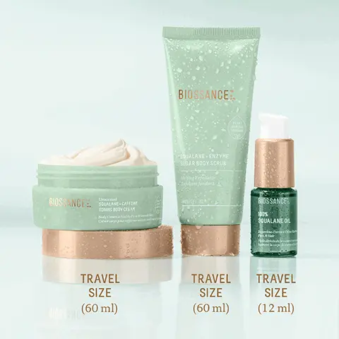 Image 1, TRAVEL SIZE (60 ml) TRAVEL SIZE (60 ml) TRAVEL SIZE (12 ml). Image 2,YOUR HYDRATING BODYCARE ROUTINE, STEP 1: Exfoliate SQUALANE + ENZYME SUGAR BODY SCRUB Tip: For a stronger scrub, use less water STEP 2: Moisturize SQUALANE + CAFFEINE TONING BODY CREAM Tip: Mix with 100% SQUALANE OIL for a hydration boost