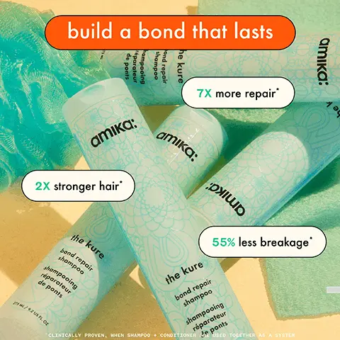 Image 1, build a bond that lasts 2 x stronger 7x more repair 55% less breakage. Image 2-3, before and after model shot washed hair with the kure shampoo and conditioner then applied kure bond repair mask for 10 minutes hair unretouched. Image 4,packed with hair-loving ingredients SEA BUCKTHORN superfruit loaded with vitamins to nourish hair BOND CURE TECHNOLOGY targets bonds in hair that are most prone to breakage PLANT BUTTERS vitamin-rich mango butter, borage oil, and shea butter VEGAN PROTEINS amino acids that can provide Image 5,before and after model shot washed hair with the kure shampoo and conditioner and multitask repair treatment then styled hair unretouched. Image 6,your strongest hair yet hydrate damaged strands* gently cleanse + repair* strengthen + repair in 60 seconds* instantly seal split ends* reduce breakage + prevent further damage* CLINICALLY TESTED Image 7,before and after model shot washed hair with the kure shampoo and conditioner and multitask repair treatment then styled hair unretouched. Image 8,RECHARGE WASH, REFILL, REUSE to refill your existing shampoo + conditioner bottles, unscrew the top of this pouch and pour into your empties! it's that easy to be more sustainable.
the kure Image 9,PACKAGING WITH A PURPOSE WHY REFILL-POUCHES? amika is a friend to the planet and by choosing this refill- pouch, you are too! these lower carbon emissions by 98.4%* when compared to traditional, virgin plastic bottles. *when used for 1 year, compared to our traditional HDPE packaging
