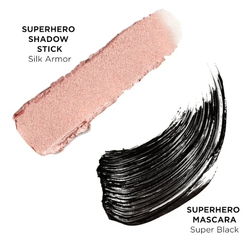superhero shadow stick swatch in silk armor. super hero mascara swatch in super black