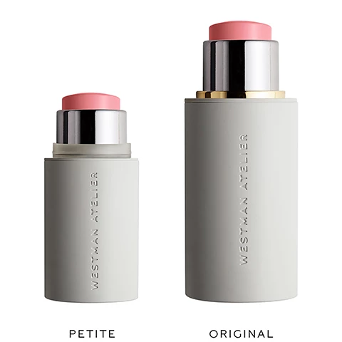 Image 1, petite vs original size. Image 2, swatches on four different skin tones = petal, dou dou, poppet, brunette, chocolate, biochette. Image 3, what's inside? berryflux vita = hydration boosting and youth perserving properties. organic jojoba seed poil = strengthens skin, boosts moisture. vitis bita grape extract = firms, boosts moisture, helps to detoxifty. no parabens, no pegs, no talc, no phthalates, no synthetic ragrances, no animal testing.