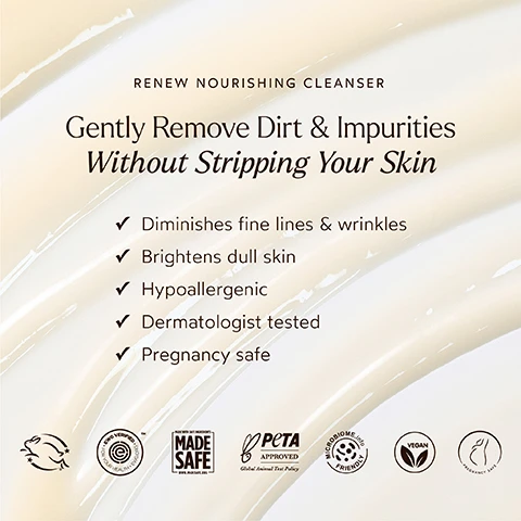 Image 1 - An advertisement for a skin cleanser titled Renew Nourishing Cleanser, featuring a cream-colored background with text that lists benefits including gently removes dirt and impurities without stripping your skin, diminishes fine lines and wrinkles, brightens dull skin, is hypoallergenic, dermatologist tested, and pregnancy safe.
Image 2 - A bottle of True Botanicals nourishing cleanser with a pump top is surrounded by slices of aloe vera, green tea leaves, and a beige circular backdrop, alongside text that highlights the benefits of green tea seed oil, aloe vera, and green & white tea.
Image 3 - Image shows a collection of skincare products from True Botanicals, including a Nourishing Cleanser, Chebula Active Serum, Renew Pure Radiance Oil, and Chebula Extreme Cream, with the text that reads SHOP OUR Best-Selling Routine and product descriptions: Cleanse & Refresh, Treat & Correct, Nourish & Hydrate, Moisturize & Strengthen.
Image 4 - Image of a promotional graphic for True Botanicals, featuring the text MADE WITH SAFE INGREDIENTS prominently at the top, along with a list of banned substances including Sodium Lauryl Sulfate, Phthalates, Parabens, Fillers, Silicones, and Chemical Sunscreens, and certifications like Dermatologist Tested, EWG Certified, Vegan, Cruelty-Free, and Hypoallergenic, along with logos for PETA, Made Safe, Pact, and others.