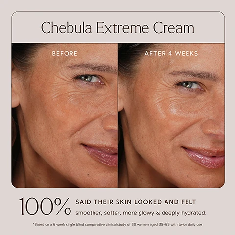 Image 1 - Image shows two side-by-side portraits of a woman; the left side labeled Before shows visible signs of aging and dryness, while the right side labeled After 4 Weeks shows a smoother complexion with a more radiant appearance, with the text at the bottom stating 100% SAID THEIR SKIN LOOKED AND FELT smoother, softer, more glowy & deeply hydrated.
Image 2 - Side-by-side comparison of a womans face showing before and after results of using Chebula Extreme Cream, with visible text stating Before and After 4 Weeks, and a note that 100% said their skin looked & felt smoother, softer, more glowy & deeply hydrated after just 28 days.
Image 3 - Image showing a close-up of a persons eye area, with the top half labeled Before showing more wrinkles and the bottom half labeled After 4 Weeks displaying smoother skin, alongside the text Chebula Extreme Cream and the statistic 96% said their skin felt healthier & more resilient after just 28 days*.
Image 4 - A jar of True Botanicals Chebula Extreme Cream is centered on a light pink background, accompanied by text stating that 100% of users reported smoother, softer skin, 96% felt healthier and more resilient, and 100% saw significant moisture improvement after 28 days, with a note about the study based on a 4-week clinical and consumer third-party study on 32 people.
Image 5 - Image shows a light pink background with a creamy texture and text that reads Chebula Extreme Cream, Deeply Nourish & Moisturize Without Any Pore Clogging Waxes, along with several checkmarks indicating benefits like hydrates all skin types and pregnancy safe.
Image 6 - An image of a brown jar labeled True Botanicals Chebula Extreme Cream, surrounded by illustrations of Chebula, Hyaluronic Acid, Acerola Cherries, and Wild Pansies, each with descriptions highlighting their skincare benefits.
Image 7 - Image of three jars of moisturizer creams labeled Chebula Extreme Cream, Phyto-Retinol Advanced Clinical Cream, and Ginger Turmeric HydraGlow Cream, with a heading that reads Which Moisturizer is Right for You? and descriptions of each products benefits.
Image 8 - Image of four skincare products in amber bottles and a jar on a light surface, with visible text reading SHOP OUR Best-Selling Routine and numbered descriptions for each product: 1 Cleanse & Refresh, 2 Treat & Correct, 3 Nourish & Hydrate, 4 Moisturize & Strengthen.
Image 9 - An informative graphic promoting the MADE SAFE certification, featuring the text MADE SAFE prominently, along with a list of harmful ingredients that are banned, including Sodium Lauryl Sulfate (SLS), Phthalates, Parabens, Fillers, Silicones, and Chemical Sunscreens, and a note about the certifications comprehensive safety standards and commitment to sustainability.
