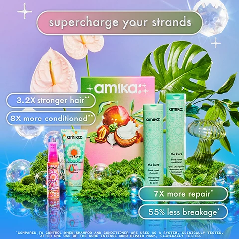 Image 1, supercharge your strands. 3.2 times stronger hair, 8 times more conditioned. 7 times more repair. 55% less breakage. compared to control when shampoo and conditioner are used as a system, clinically tested. after one us of the kure intense bond repair mask, clinically tested. image 2, step into a repair-allel universe. cleanse, conditioner, deeply repair and strengthen and detangle and reduce frizz. image 3 and 4, before and after. washed hair with the kure shampoo and conditioner, then applied kure bone repair mask for 10 minutes. hair unretouched.