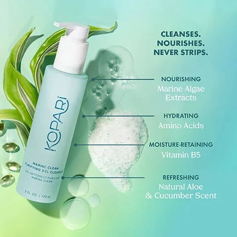 cleanses, nourishes never strips. nourishing marine algae extratcs. hydrating amino acids. moisture retaining vitamin b5, refreshing natural aloe and cucumber scent.