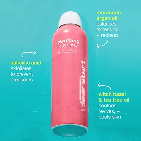 Clears skin and prevents new breakouts. 360-degree continuous spray targets hard-to-reach areas. Refreshing citrus scent. Salicylic acid exfoliates to prevent breakouts. Moroccan argan oil balances oil and redness. Witch hazel and tea tree oil soothes and cools skin. Real skin, real results. Before and after 1 week of using clarifying body spray shows clearer looking skin.