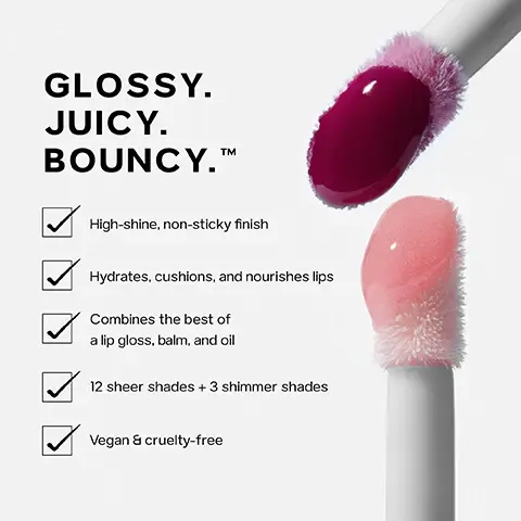 Image 1 - A close-up image of two lip gloss applicators, one with a dark berry shade and the other with a light pink shade, alongside text highlighting features such as high-shine finish, hydration, and cruelty-free attributes.
Image 2 - Image of a pink lip product with the name Saie displayed on the package, accompanied by text highlighting its ingredients and benefits: Supercharged Ingredients, High-Shine + Non-Sticky: Castor, Jojoba, and Coconut Oils, Juicy + Plump: Hyaluronic Acid and Polyglycerides, Cushiony + Kissable: Shea Butter and Carnauba Wax, and Powered by Saie Science™.
Image 3 - A close-up of a woman with wavy hair showcasing glossy lips while holding a lip gloss and a lip liner, with the text that reads YOUR ULTIMATE LIP STACK: Framed, full, and glossy.
Image 4 - A chart titled CREATE YOUR LIP showcases different lip liner shades and glossy products organized in a grid with black circles indicating compatible combinations. The visible text includes product names and descriptors such as GLOSSYBOUNCE™ and LIP LINER 101™.