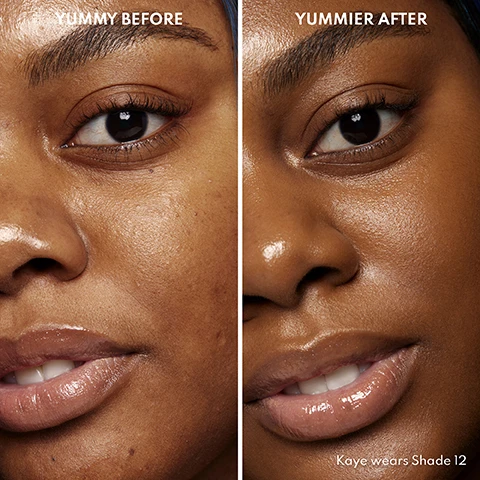 Image 1 - A side-by-side comparison of two close-up portraits of a woman’s face, showing her complexion before and after makeup application; the left image is labeled YUMMY BEFORE and the right image is labeled YUMMIER AFTER, with additional text at the bottom stating Kaye wears Shade 12.
Image 2 - A collage of six close-up images of diverse individuals showcasing various skin types and concerns, labeled Yummy Skin Tint with the tagline Hydrates, Plumps, Smooths, Corrects, along with categories for Combo & Dry Skin, Wrinkles & Dullness, Redness, and Texture & Pores.
Image 3 - A smiling woman with a glow holds a tube of Yummy Skin Serum Skin Tint while wearing a cozy brown scarf, with text displaying clinical results showing that 93% reported all-day wear, 93% showed improved skin hydration, and 93% felt their skin looks and feels smoother, along with a note about the study details.
Image 4 - An image shows a green cactus leaf with a brown serum tube labeled Yummy Skin from Danessa Myricks Beauty and surrounded by ingredients including a small bowl of white powder, with text indicating the benefits of various components like Cactus Extract, Vegan Squalane, Sodium Hyaluronate, Vegan Collagen Peptides, Ceramides, and Sheer Pigments.
Image 5 - A collage showing four individuals displaying different makeup shades with the text FAIR TO LIGHT at the top; the individuals are identified as Ryann wearing Shade 1, Molly wearing Shade 1.5, Brenda wearing Shade 2, and Savanna wearing Shade 3.
Image 6 - A collage of four close-up portraits of diverse individuals showcasing different makeup shades: a woman smiling with blonde hair labeled Ashley wears Shade 3.5, a woman with medium skin tone labeled Nandi wears Shade 4, a woman with light brown skin labeled Tenzin wears Shade 4.5, and a woman with a dark complexion labeled Lyra wears Shade 5.
Image 7 - A collage showcasing four women with different skin tones; each woman displays a radiant smile, with labels indicating their names and corresponding makeup shades: Diana wears Shade 6, Jamie wears Shade 6.5, Jessica wears Shade 7, and Ashley wears Shade 8.
Image 8 - Four close-up portraits of diverse individuals showcasing different skin tones, labeled with Christopher wears Shade 9, Robin wears Shade 10, Shaasia wears Shade 11, and Kaye wears Shade 12, with a header reading TAN TO DARK.
Image 9 - Four close-up portraits of individuals with varying skin tones, labeled as follows: Ester wears Shade 13, Chinenye wears Shade 14, Fanta wears Shade 15, and Phawas wears Shade 16, with the title Dark to Deep at the top.
