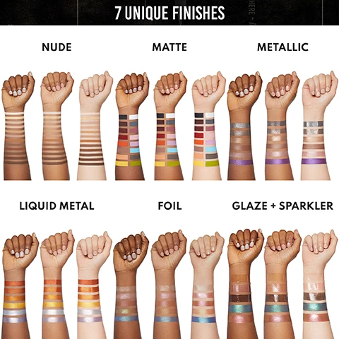 Image 1 - Image shows multiple arms with swatches of various makeup finishes, labeled as Nude, Matte, Metallic, Liquid Metal, Foil, and Glaze + Sparkler, displayed in horizontal rows.
Image 2 - Collage of six makeup looks on diverse models showcasing colorful cosmetics with captions that describe techniques, including USE ONE SHADE AS A BASE, STAND-ALONE EYESHADOW OR BLEND MULTIPLE SHADES TOGETHER, OUTLINE, FILL IN, AND GLOSS LIPS FOR A PLUMP POUT THAT LASTS, FOR WATERPROOF LINER OR BROWS USE AN ANGLE OR POINTED BRUSH, TAP ON AS A SOFT HIGHLIGHT, BLUSH OR SCULPTED CONTOUR, TAP OR SWIPE ON EYES OR ALL OVER FACE FOR FALL OUT FREE GLIMMER, and USE ALONE FOR A GLOSSY LOOK ON THE EYES OR LIPS, LAYER ON TOP OF OTHER COLORFIX FINISHES.
Image 3 - Image showing a step-by-step guide on how to apply a beauty product, with a hand holding a tube of the product in the top left corner, a finger swiping the product onto an eyelid in the top right, a brush blending on the eyelid in the bottom left, and a model applying the product to their face in the bottom right. Visible text includes: HOW TO APPLY, SQUEEZE ALL YOU NEED IS JUST A DOT, SWIPE ONTO EYELID, BLEND ON LID AND THROUGH CREASE, ALL OVER FACE EYES, CHEEKS, OR LIPS.
Image 4 - A collage showing a woman demonstrating makeup application techniques; the top left image shows her squeezing a small amount of product from a tube onto her fingertip, the top right image shows her swiping the product onto her eyelid, the bottom left image shows her blending the product on her eyelid with a brush, and the bottom right image shows her applying the product on her cheeks and lips with a brush, with visible text reading HOW TO APPLY, SQUEEZE ALL YOU NEED IS JUST A DOT, SWIPE ONTO EYELID, BLEND ON LID AND THROUGH CREASE, and ALL OVER FACE EYES, CHEEKS, OR LIPS.
Image 5 - Image features four beauty techniques with different tools: a woman applying makeup with her fingers labeled Fingers describing Effortless precise placement, a close-up of an eye being blended with a fluffy brush labeled Fluffy Brush with Blended wash of color, a model using an angle brush on their eye paired with Angle Brush stating Sharp details for liner or brows, and lastly, a firm brush on an eye showcasing Firm Brush with Opaque coverage or graphic shapes.
Image 6 - A close-up of an eye makeup tutorial showing four steps for layering finishes: the first box labeled MATTE demonstrates blending matte color across the eyelid and crease, the second labeled METALLIC shows layering a metallic shade onto the eyelid, the third labeled FOIL illustrates tapping foil onto the center of the lid, and the fourth labeled GLAZE depicts swiping gloss across the lid, with the caption PRO TIP: LAYER LOWEST SHINE TO HIGHEST SHINE at the bottom.
Image 7 - A makeup tutorial image displaying four steps on how to layer eye makeup finishes, featuring close-up shots of an eye with different textures applied, labeled as Matte, Metallic, Foil, and Final Result, with accompanying instructions: Blend matte across eyelid & crease, Layer a metallic onto eyelid, Tap foil onto center of lid, and a pro tip stating: Layer lowest shine to highest shine.