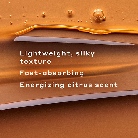 Image 1, lightweight, silky texture. fast absorbing. energising citrus scent. image 2, 97% agree it leaves skin smooth. 91% agree it absorbs quickly and easily into skin. 94% agree it leaves skin soft. 85% agree it improves skin radiance. in an 8 week clinical study on 34 people. image 3, key ingredients. brightens with true c complex. improves elasticity with collagen. softens and conditions with aloe juice. nourishes with orange and green tea extracts.