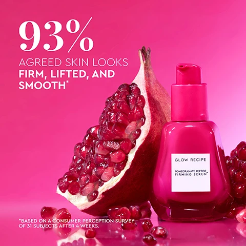 Image 1, 93% agreed skin looks firm, lifted and smooth. based on a consumer perception survey of 31 subjects after 4 weeks. image 2, before and after 8 weeks. firm and lift with pomegranate peptide firming serum. heather 49 used pomegranate serum twice daily for 8 weeks. image 3, firm, lift and hydrate skin. polypeptides - smooths the appearance of fine lines and wrinkles while improving skin surface and elasticity. pomegranate antioxidant rich extract and seed oil hydrate, brighten and moisturise skin. hyaluronic acid retains 1000 times its weight in water to instantly hydrate and plump skin. image 4, your guide to peptides with the new pomegrante peptide firming serum. what are peptides? peptides serve as the building blocks for new collagen, working to rebuild and repair skin to help prevent fine lines and wrinkles. what peptides are in this serum? pomegranate peptide firming serum uses a combination of signal and carrier peptides to mazimise results. signal peptides = support collagen and elastin to help skin look more lifted and increase firmness. carrier peptides = stabilize and eliver minerals to certain enzymes to maintain skin's natural collagen and elastin. what are their benefits? firms skin, improves elasticity, prevents collagen loss, fills fine lines and wrinkles.