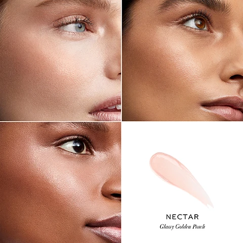 image 1, nectar, glassy golden peach. image 2, swatches of lit, nectar and brulee on 4 different skin tones. image 3, facial fresh glass skin finish. ultra flattering light catching undertones. hydrating and firming clean ingredients, instantly perk up dull skin. image 4, seamless application that softens skin emollient oil blend. firms and boosts moisture vitis vita grape extract. enhances radiance, special effects pigments. no parabens, no PEGS, no talc, no synthetic fragrances, no silicones, no animal testing. image 5, lit - glassy iridescent. best seller - nectar glassy golden peach. brulee - glassy bronze gold. image 6, how to use. for dimensions - dab on high points of face, cupid's bow and centre of bottom lip. to mask fatigue - use under concealer or close to tear ducts. to accentuate and lift - apply to top of cheekbones up to temples. image 7, travel ready, petite vs original
